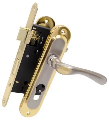 Комплект для вхідних дверей Bruno (ручка на планці 55910К6 + замок 968-45 без циліндра) матовий нікель/золото (36760)