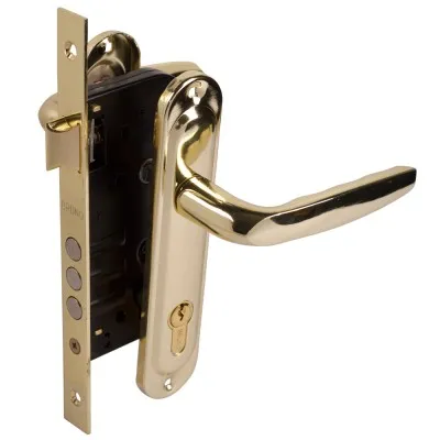 Комплект для міжкімнатних дверей Bruno 7035, дверна ручка на планці, замок 7025-70 і циліндр 60 мм, 3 ключа в комплекті, полірована латунь