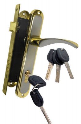 Комплект ручка на планці Bravo 85мм матовий нікель/золото + механізм 945-3 RB BRN + SECURITY циліндр під лазерний ключ 70мм, 5 ключів, хром