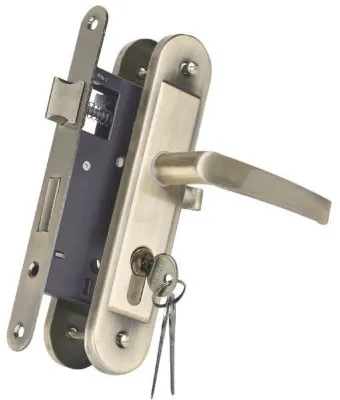 Комплект для вхідних дверей Bruno (ручка на планці 1128 + замок 968-55 + циліндр 60мм + 3 ключа) антична латунь (31835)