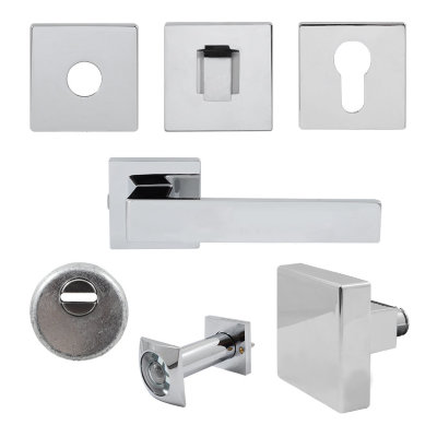 Комплект Quadra для входной двери (ручка,кноб,накладка под цилиндр,накладка WC,броненакладка,глазок), хром (50644)