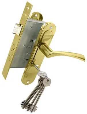 Комплект для вхідних дверей Bruno 7055 (ручка на планці + сувальдний замок 969-55 + 5 ключів ) полірована латунь (33608)