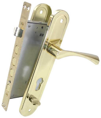 Комплект для вхідних дверей BRUNO BR-80 (ручка на планці + механізм) полірована латунь лівий