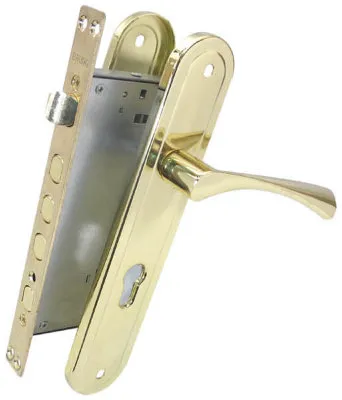 Комплект для вхідних дверей Bruno BR-80 (ручка на планці + механізм) полірована латунь правий (33108)