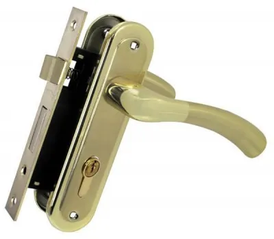 Комплект для вхідних дверей RDA Siena (Ручка на планці Siena під ключ + замок 1025 + циліндр 60мм + 3 ключа) полірована латунь/матова латунь (34933)