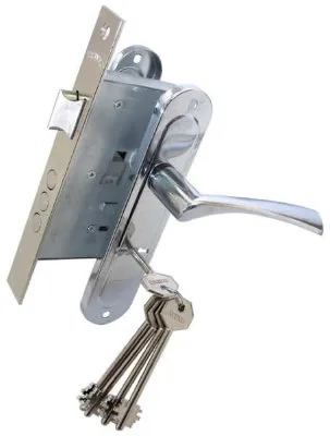 Комплект для вхідних дверей Bruno 7055 (ручка на планці + сувальдний замок 969-55 + 5 ключів) хром (33610)